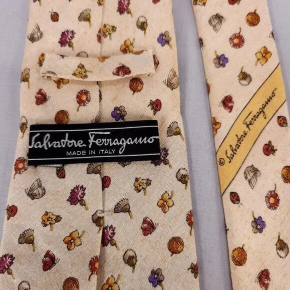 Salvatore Ferragamo Mens Silk Linen Necktie Designer Tie Beige Flowers Ladybug - Picture 6 of 10
